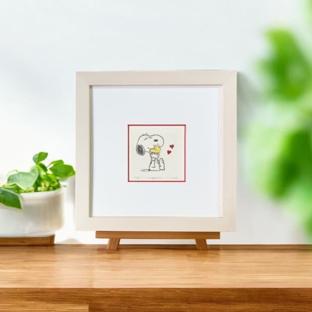 スヌーピーエッチング / スヌーピーとウッドストック ハグ / 白木額