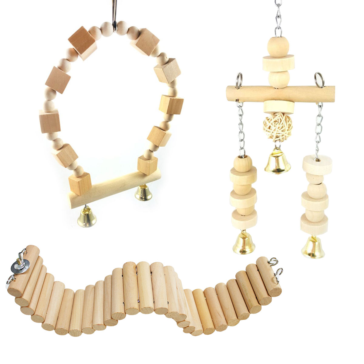 3点セット】インコ おもちゃ 吊り下げ ブランコ 鈴 小鳥 止まり木 木製