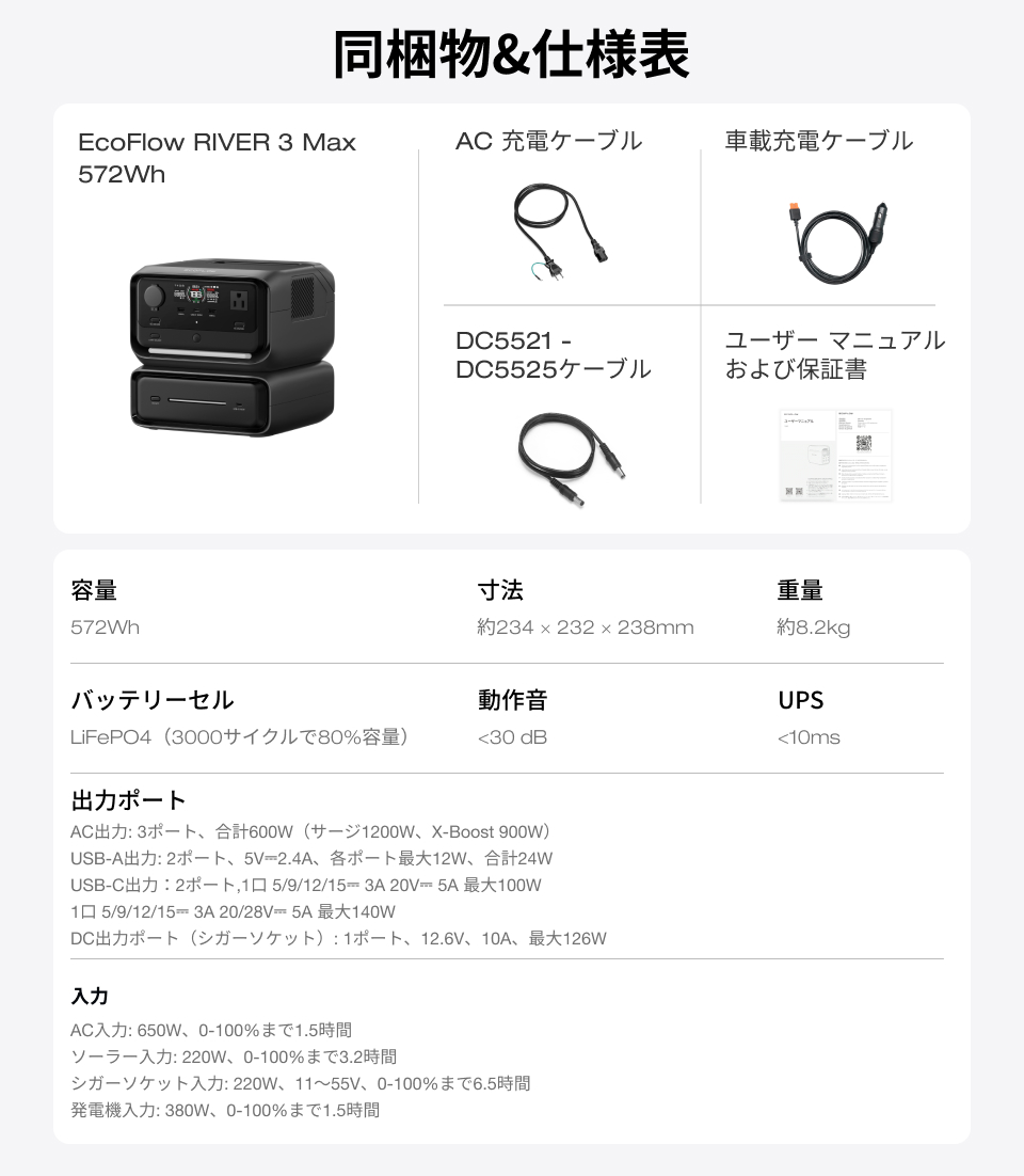 ECOFLOW ポータブル電源 EcoFlow RIVER 3 Max 572Wh UPS 容量拡張可能