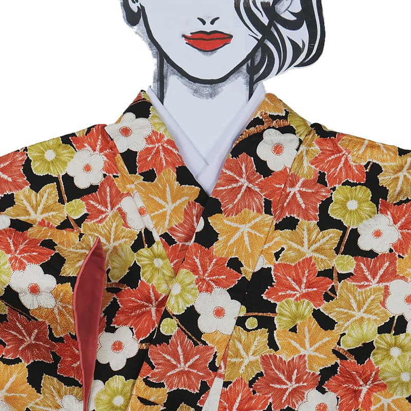 小紋袷 染め小紋 リサイクル小紋 絞り 縮緬 黒 梅 楓 身丈157cm 裄62cm