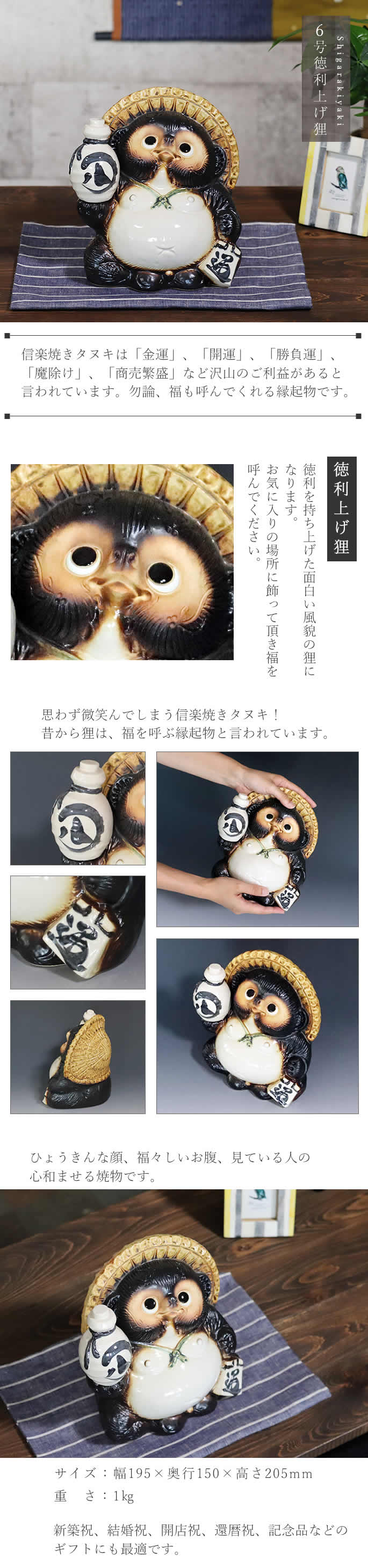信楽焼 6号とっくり上げ狸 たぬき タヌキ 置物 縁起物 開運 ギフト