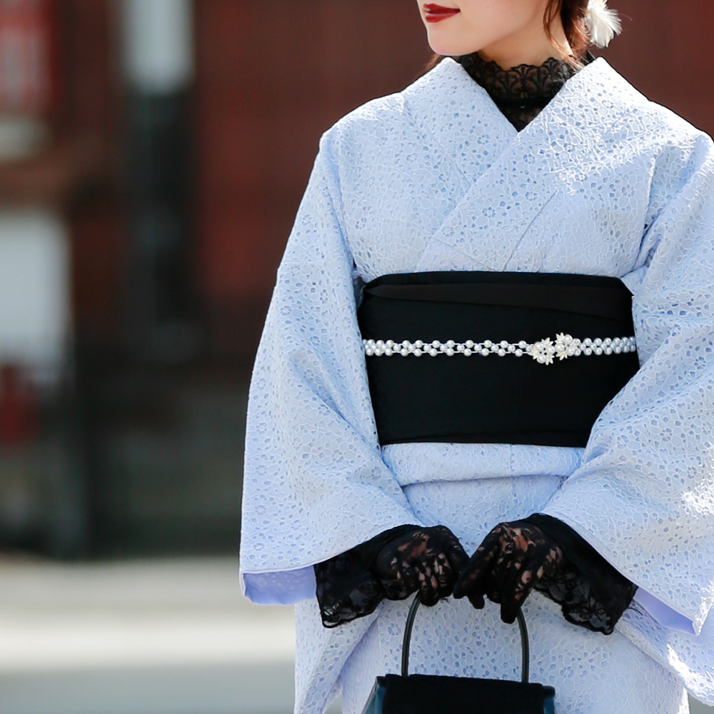 ROCCA（六花） レース 刺繍 半幅帯 白 黒 茶 リバーシブル 細帯 日本製