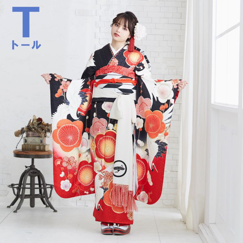 振袖 レンタル 成人式 結婚式 黒 梅に鶴(絹)(R1921)12月〜1月利用 対応