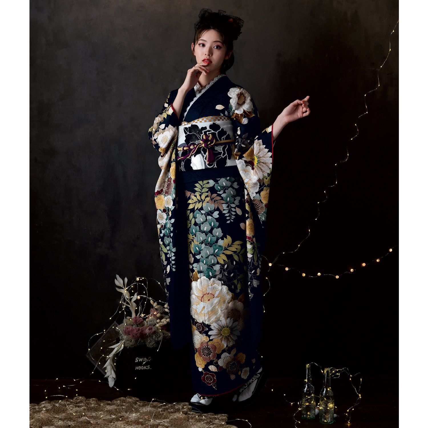 振袖 未仕立て お誂え 新品 成人式 ブランド Dear 墨黒 牡丹と藤花 ご