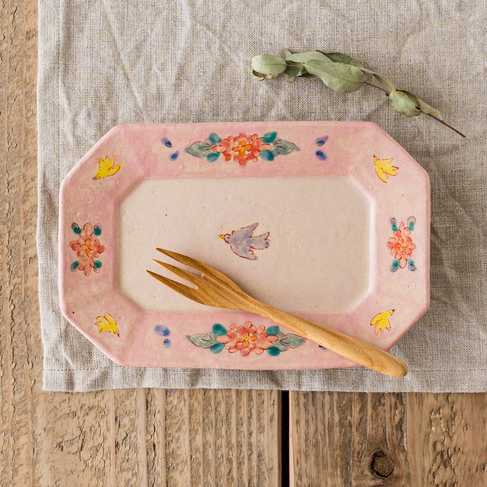 作家 増山文 長角中皿 縁桃紫鳥ピンク ｜作家もののうつわ通販 四季折