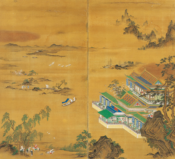 真作】掛軸 青緑山水図 仙境の楼閣と松林風景 清幽なる風景画 T4 真作