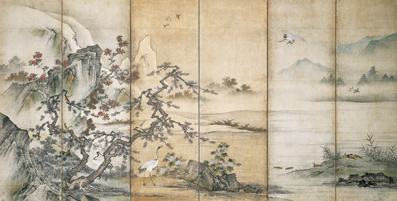 真作/狩野周信/如川/紅梅鶴図/花鳥図/早春の掛軸/掛軸