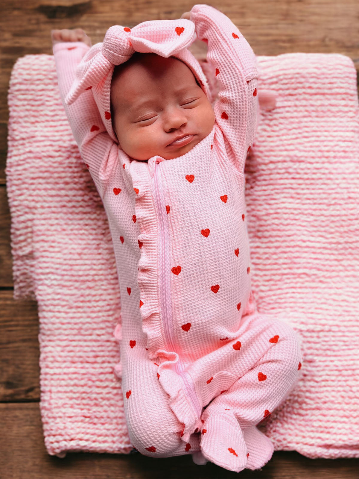 Organic Waffle Ruffle Zip Footie, Little Red Heart (on Pink