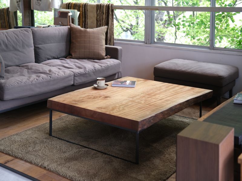 ≪ローテーブル≫【無垢一枚板 タブ W1200×D920~1020×H320mm/鉄脚