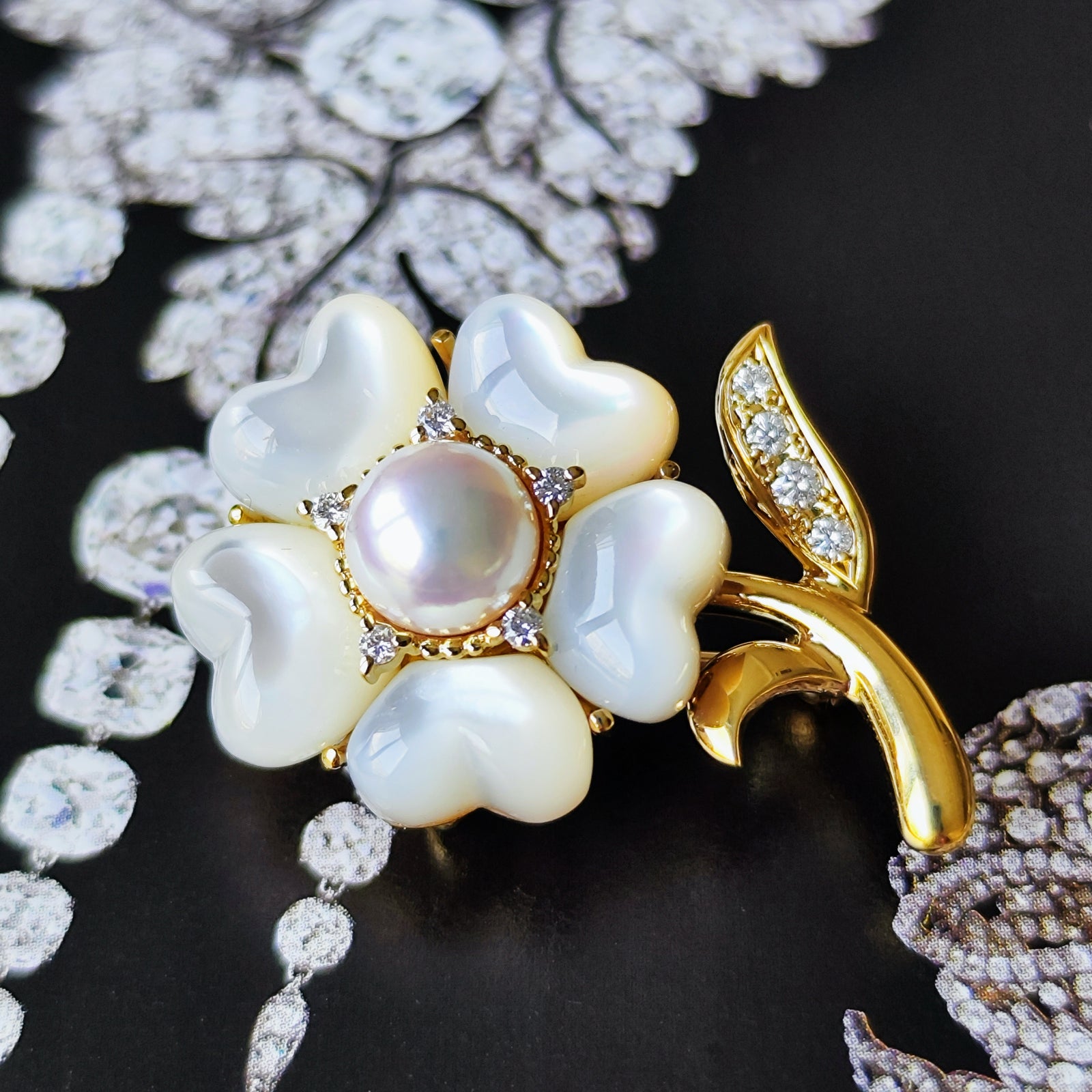 MIKIMOTO ミキモト シェル あこや真珠 ダイヤモンド ブローチ
