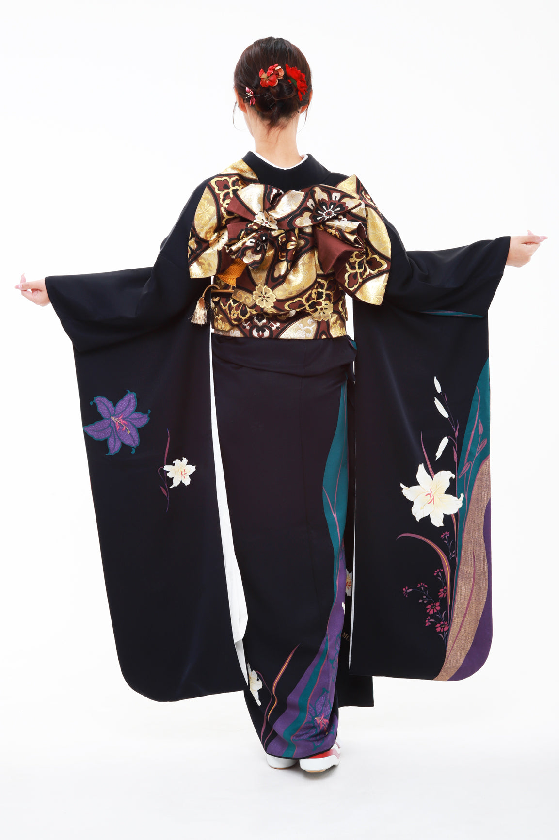 振袖 紺 百合柄 森英恵 - Hanae Mori Navy Furisode with Lily Pattern