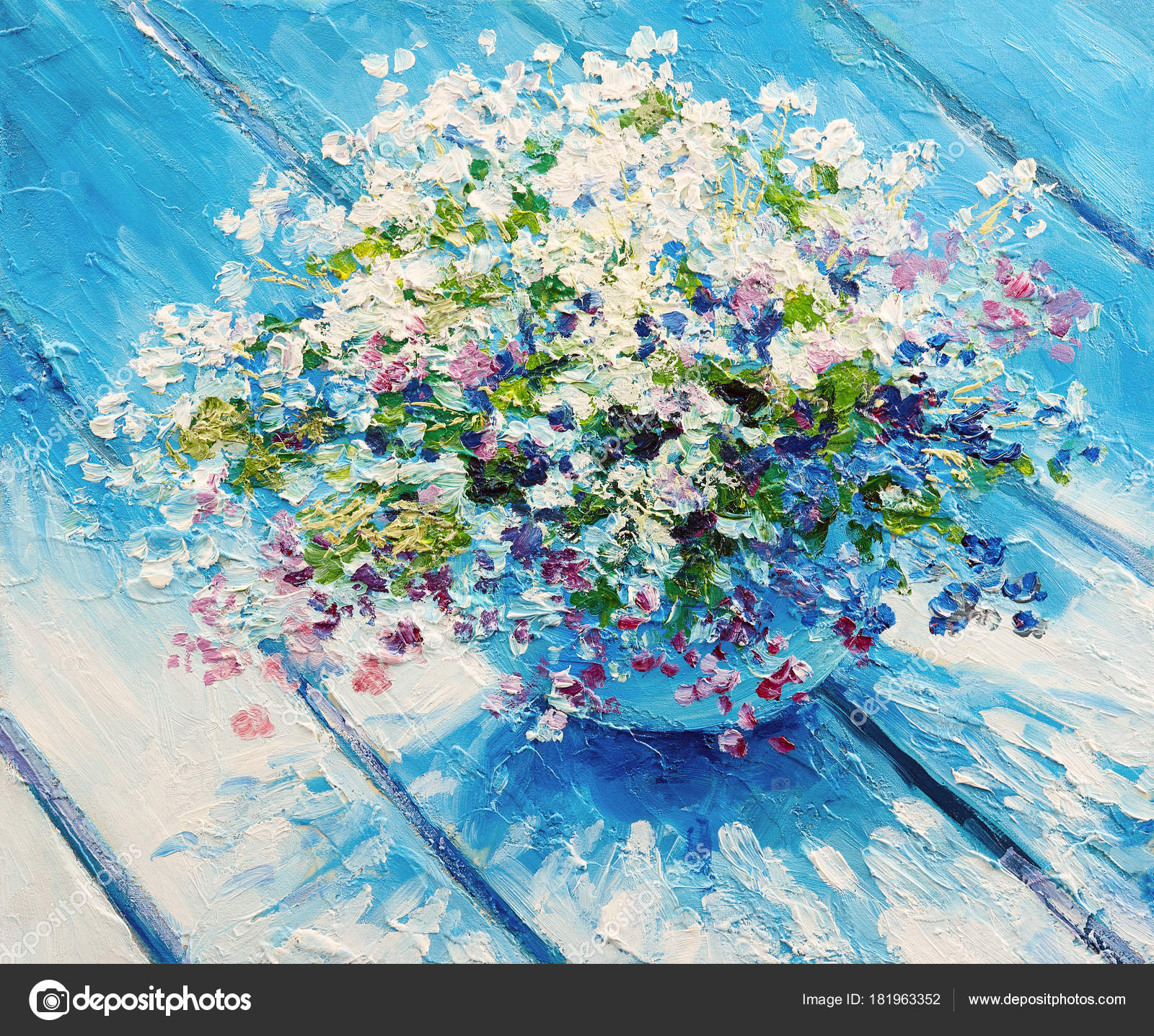 キャンバス油絵 専用 青い背景のコップに入れた野のお花 抽象静物画