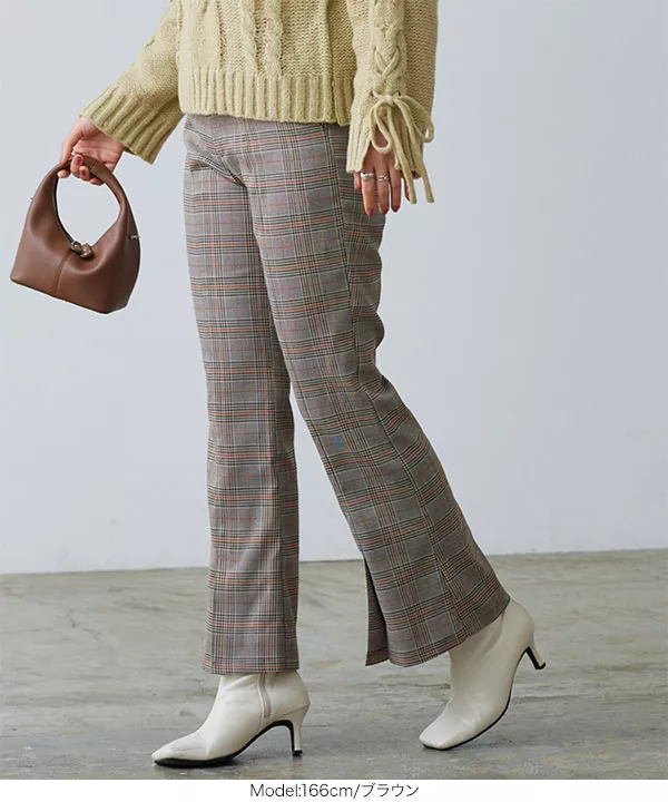 チェック柄スリットフレアパンツ [M3557] - レディースファッション