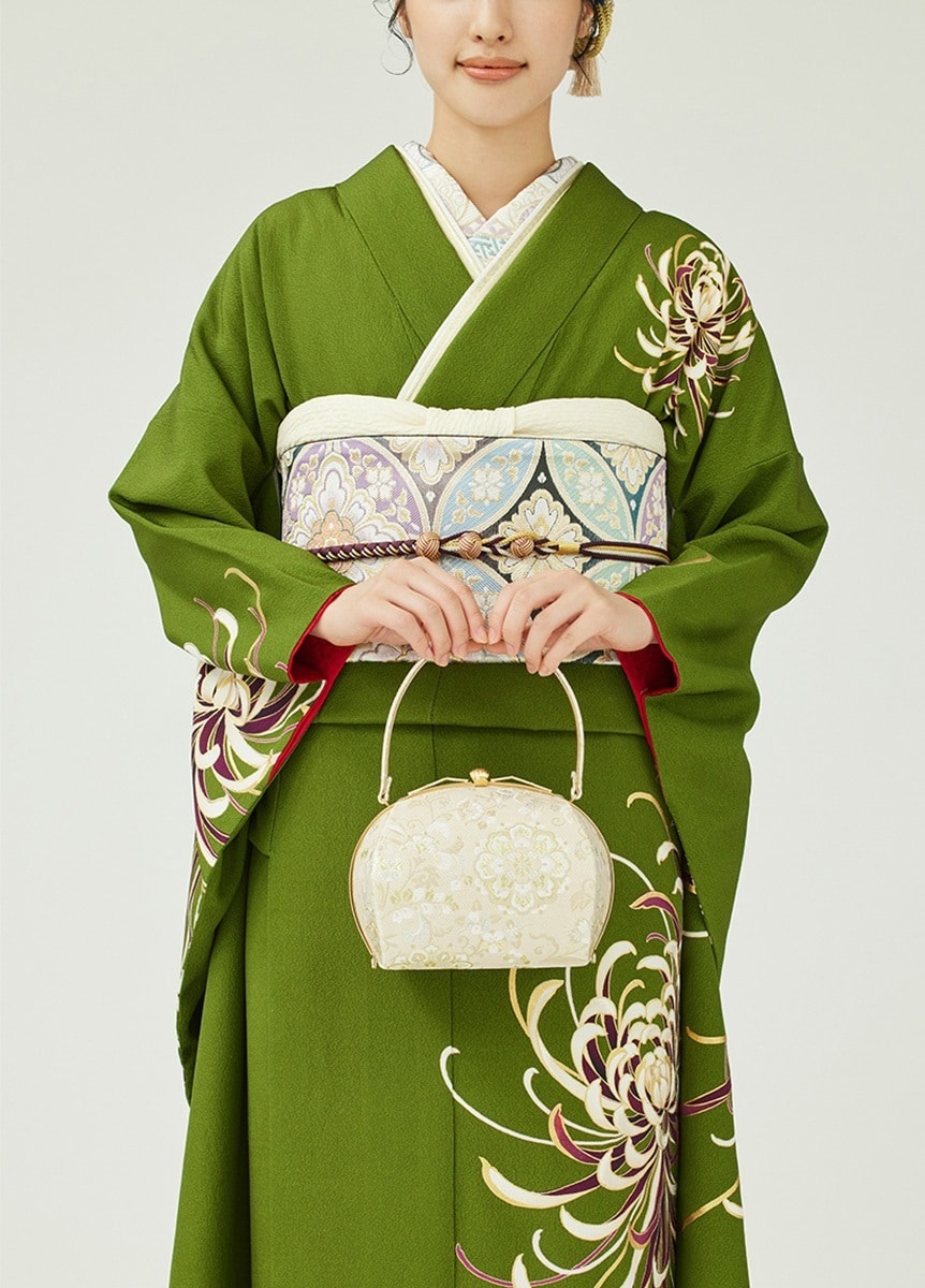 509z15.509y14.小物〇色無地 中振袖 桜 地紋 深緑 嘘つき袖付き〇