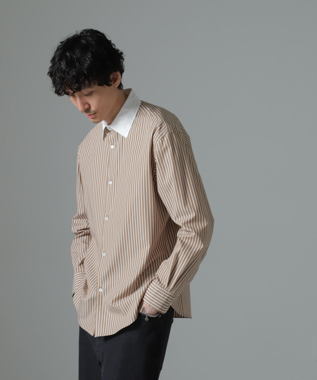 セミワイド ストライプ クレリック シャツ