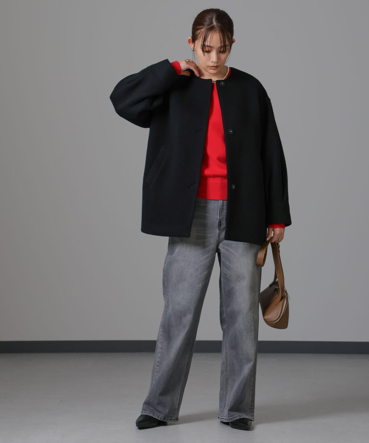 PECOLAMB ウール カシミヤ ノーカラー ミドル丈コート