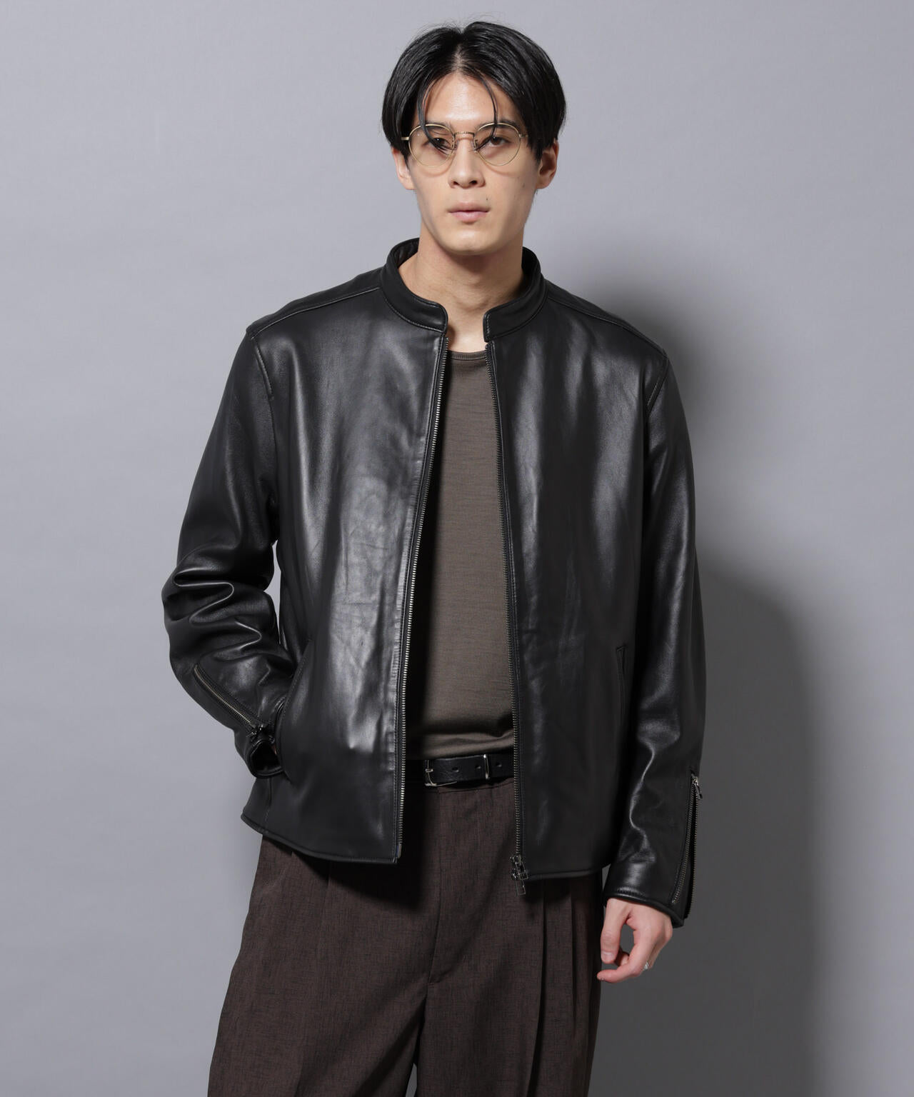 バンドカラー レザー シングルライダースジャケット