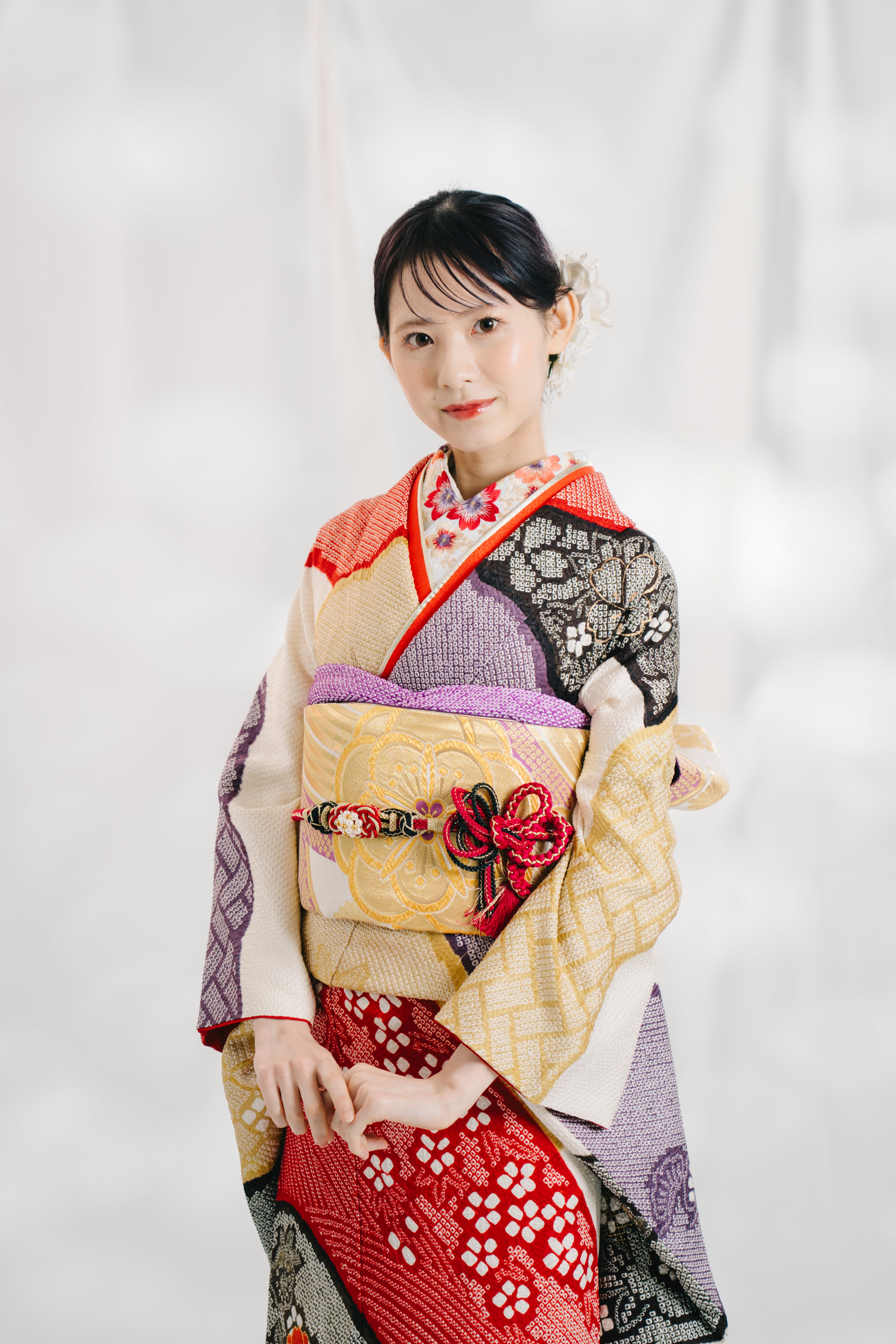 総絞り 白黒振り袖 と 袋帯 2点セット