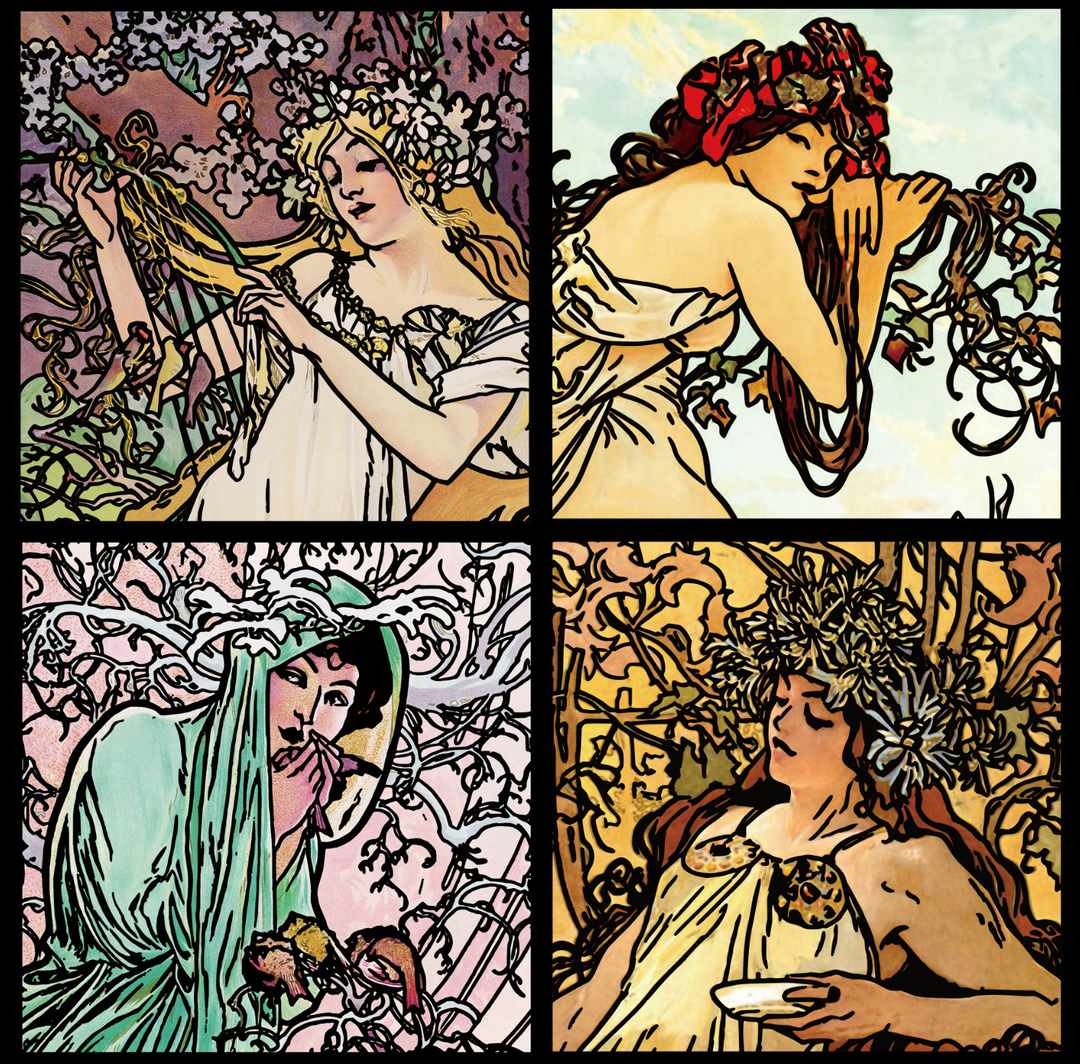 大判 Alphonse Mucha ガラス絵の冬 - 四季 絨毯 額入アート 大判