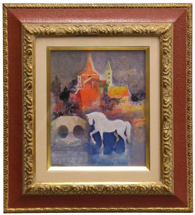 上橋 薫 洋画家 画伯 「椿樹と白い馬」鳴海製陶 陶板画 上橋 薫 洋画家