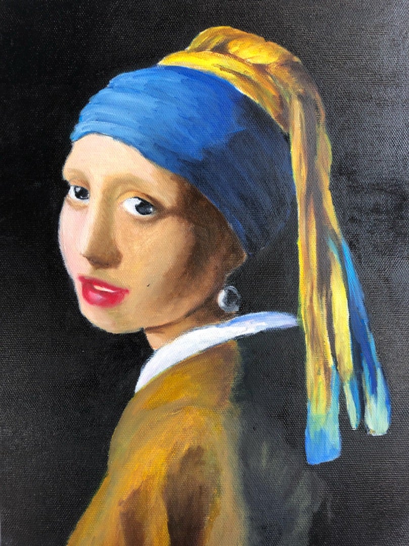 油絵 模写 フェルメール 真珠の耳飾りの少女 8号 F8 額縁つき 油絵