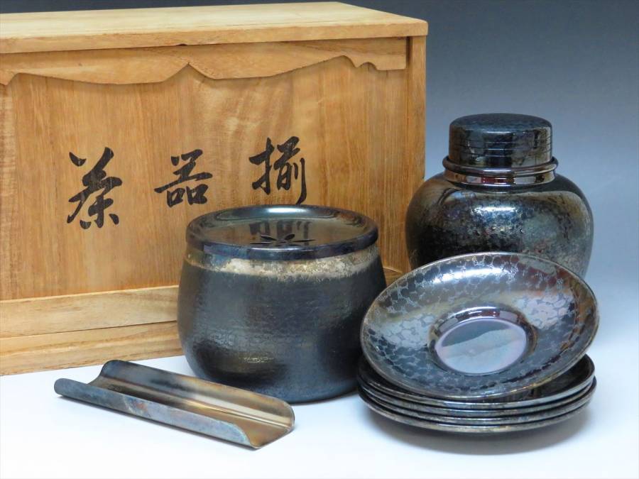 銀川堂特選黄銅製いぶし銀茶器揃 急須 茶壷 建水 茶托