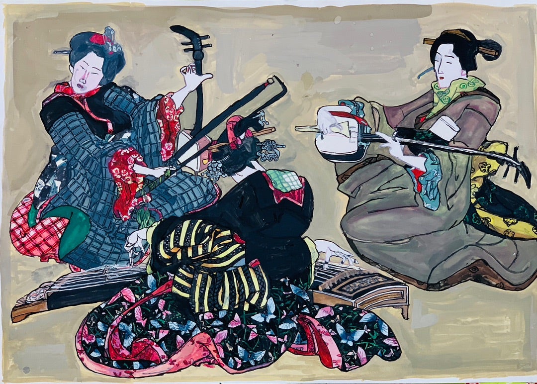 大津絵、三味線を引く女性(狐女）