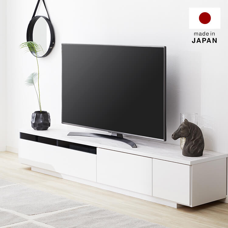 ローテレビ台(幅200cm) 日本製 大理石柄 収納・コード穴付き 完成品