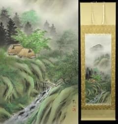 真作】掛軸 加茂敬山『彩色山水』絹本 肉筆 共箱付 掛け軸 g08266