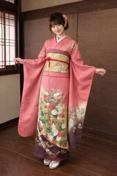 振袖フルセット6点サイズS〜M 駒刺繍 扇面鳳凰花車文 暈し染め 金彩