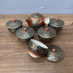 D-4 九谷焼 青粒鉄仙 茶器セット 急須 蓋付湯呑 5客 金彩 伝統工芸品