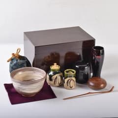 茶道具 利休茶箱 浅見与し三作 茶碗 織部焼 振出など 八点 一式 VR7984