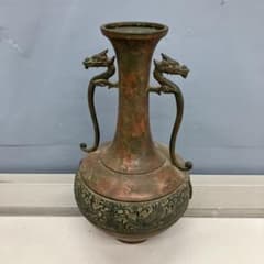 4F 双龍耳 鳳凰紋 銅製花瓶 飾り壺 アンティーク 雑貨 ビンテージ 鑑賞