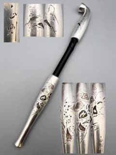 銀製 キセル 煙管 在銘 風景図 赤銅金象嵌 銀細工 アンティーク 重量約