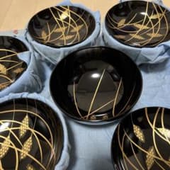 平安 象彦 黒漆塗り 稲穂 金蒔絵 5客セット蓋付き吸物椀 汁椀 木製漆塗