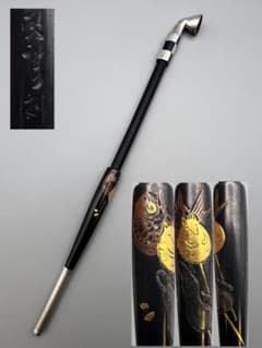 レア 銀製 煙管 キセル 在銘 狐と鯛図 赤銅金象嵌 銀細工 レディース用