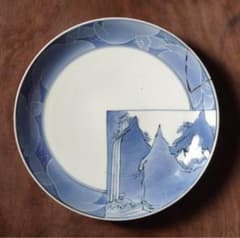 江戸時代 前期 古伊万里 藍九谷 染付 墨はじき縁 山水図 中皿 七寸皿