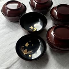 時代 溜塗漆に愛らしい松竹梅の蒔絵お椀5点 梅、松の実（検輪島塗蒔絵