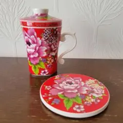 中国 茶器 マグカップ 蓋付き 桃 2客 ペアセット 刻印有 骨董 アンティーク