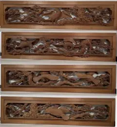 BK196越中井波彫刻名工秀弐 作波千鳥図欄間一対細密彫刻茶室