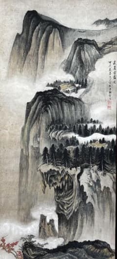 水墨画掛け軸白雲紅樹 謝陽画山水中国張大千大風堂カラー箱付