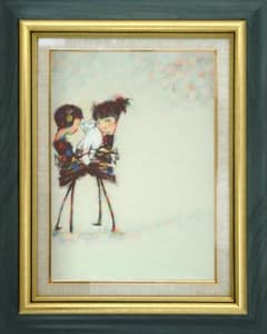 絵画額付(青緑＋金色の枠 ) 油絵F4-072619猫女の子