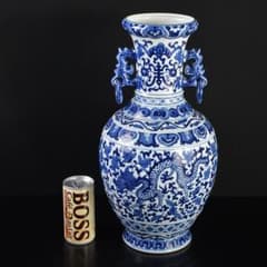 大明弘治年製壺花入染付中国双耳盤口瓶清朝高さ約35.5cm