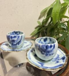 斉山窯 太田恵 作 色絵 花文 食器セット(湯呑三客・皿三客・フリーカップ)