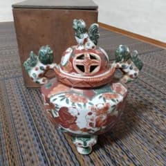 古い伊万里赤絵九谷焼香炉/江戸唐子狛犬薩摩十字角福小槌三足耳付/瓔珞