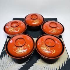漆器輪島塗木製彫り牡丹文蒔絵蓋付椀汁椀5客時代物