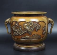 時代銅火鉢壱対宣徳火鉢江戸文政手炙りアンティーク珍品高肉彫