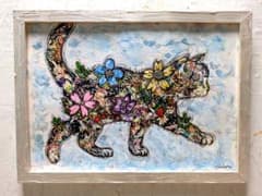 手作り額付きシルクスクリーン応用絵画title「いただきニャンコ」