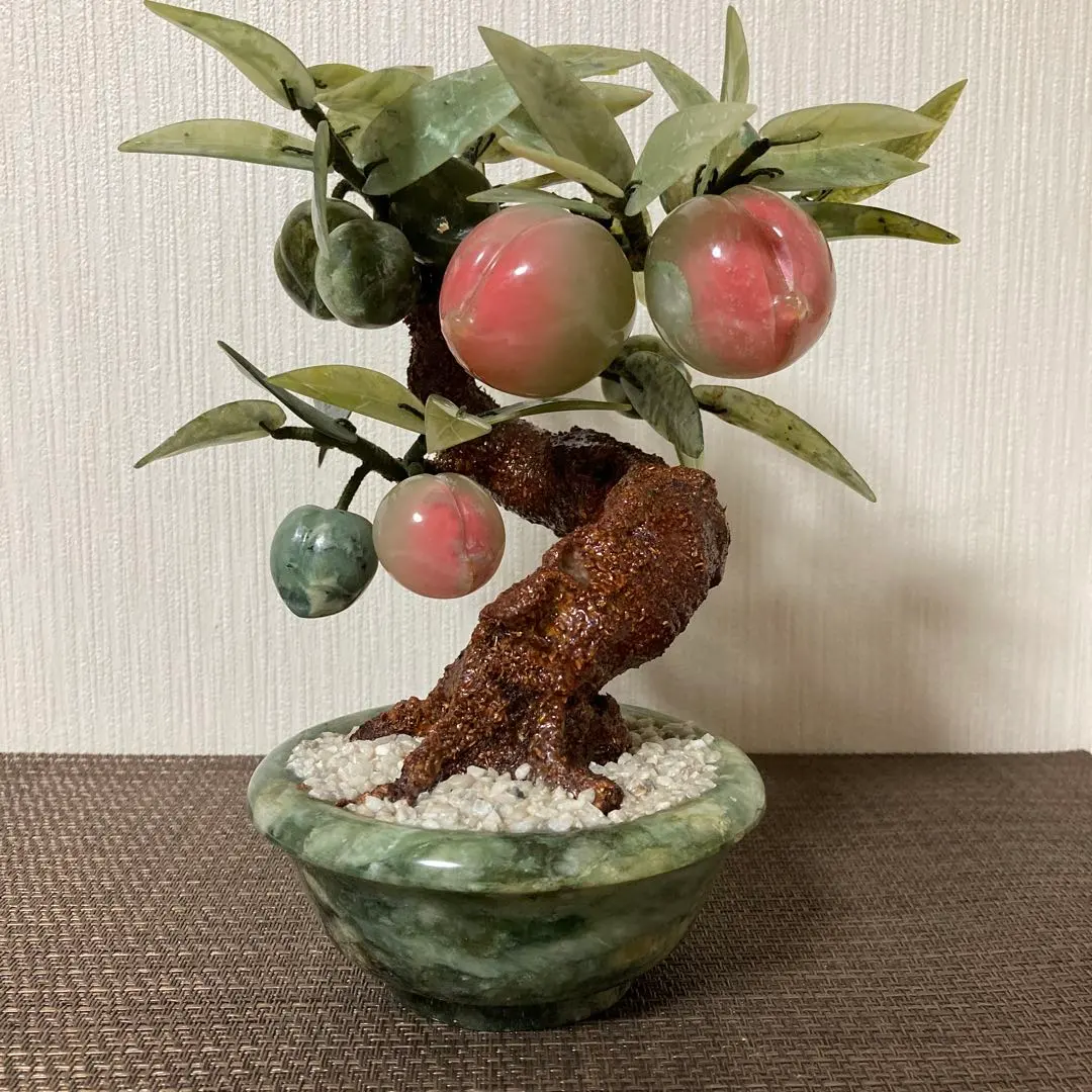 中国美術 桃樹玉石 桃木玉石盆栽 景泰藍 石細工彫刻 置物 縁起物 桃の