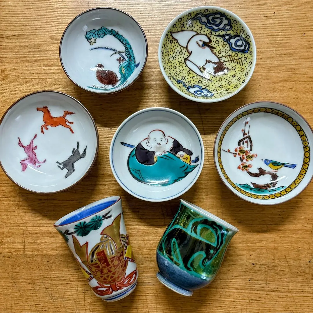 KS-641九谷焼色絵布袋文酒盃大小二客揃え 中島珠光造 - 石川県金沢の